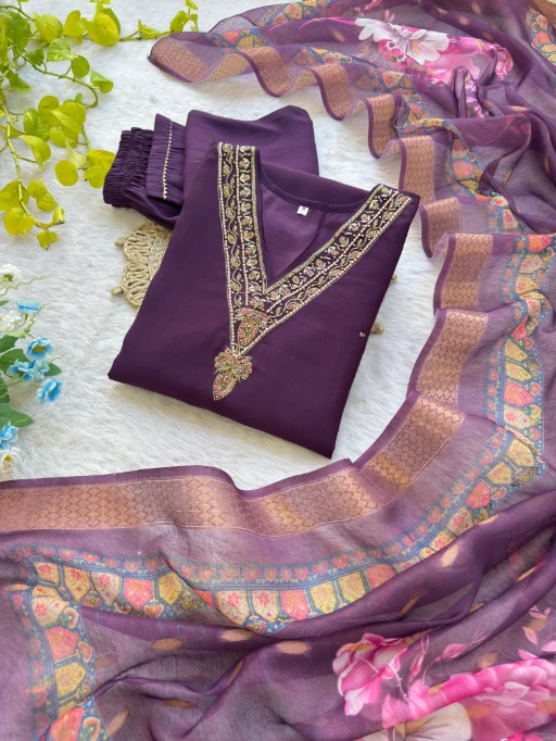 Office Wear Purple Color 3-piece Kurti Set