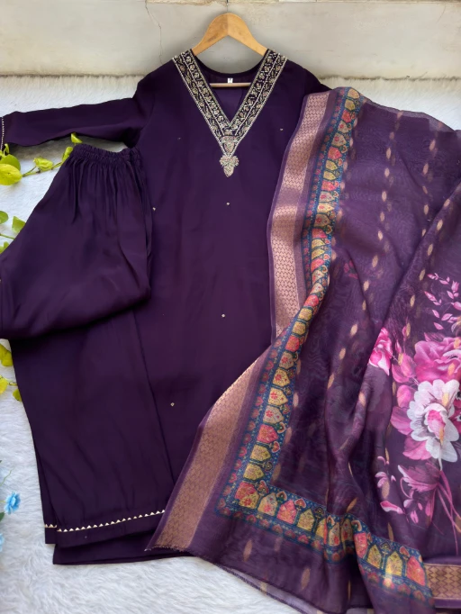 Office Wear Purple Color 3-piece Kurti Set