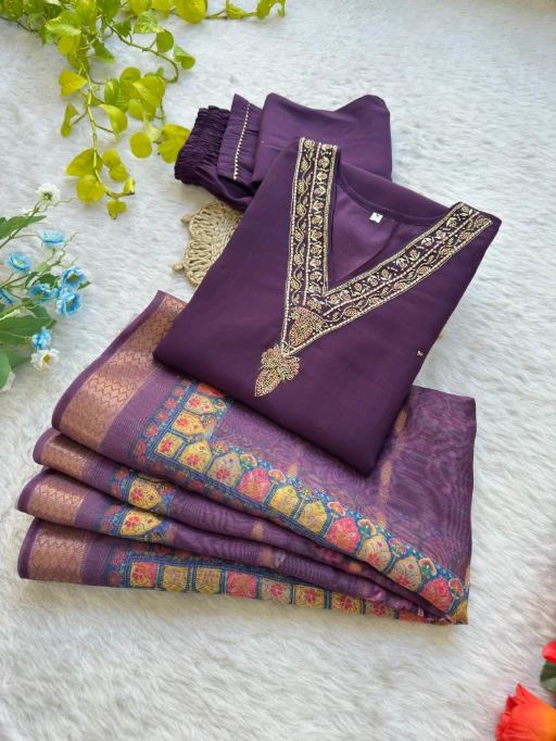 Office Wear Purple Color 3-piece Kurti Set