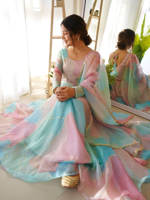Pastel Shade Multi Color Rainbow Gown with Dupatta
