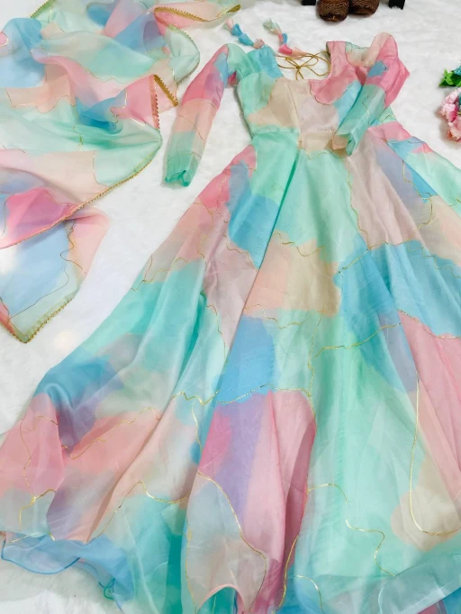 Pastel Shade Multi Color Rainbow Gown with Dupatta