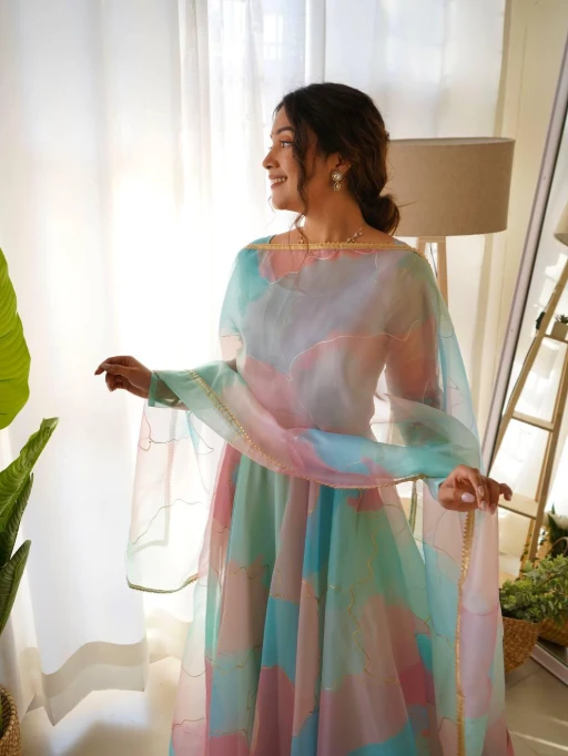 Pastel Shade Multi Color Rainbow Gown with Dupatta
