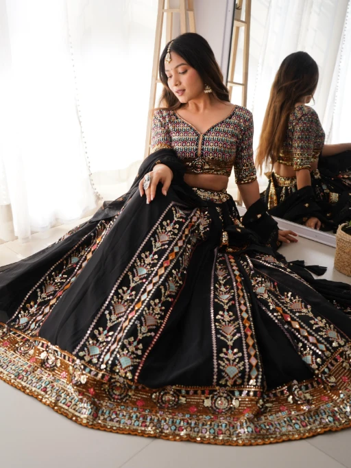 Black Multi Color Embroidery Wedding Lehenga