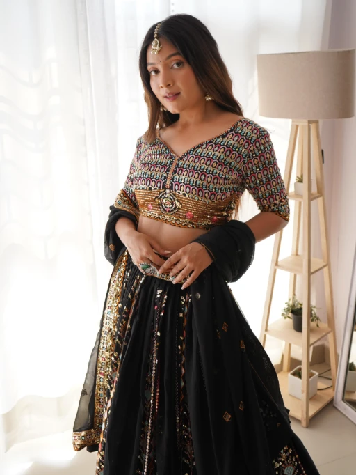 Black Multi Color Embroidery Wedding Lehenga