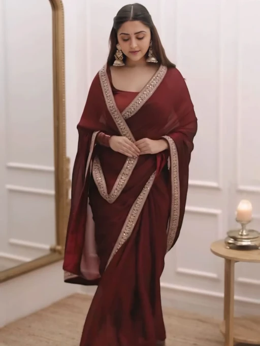 Ready to Wear Marron Wedding Saree with Border