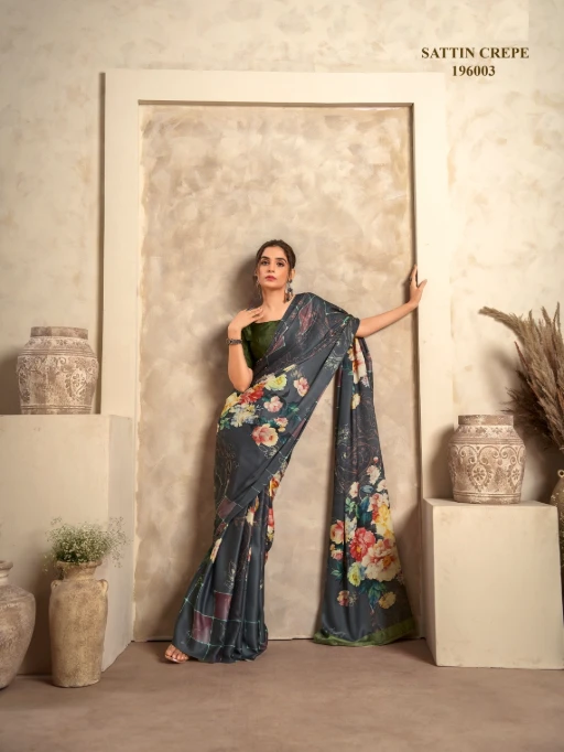 Satin Crepe Printed Winter Wear Saree