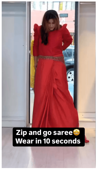 Red Color Zip and Go Saree with Digital Print and Mirror