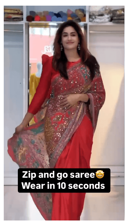 Red Color Zip and Go Saree with Digital Print and Mirror