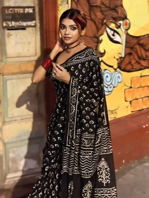 Stylish Black Printed Linen Ready to wear Saree