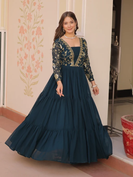 Stylish Neck Work Festive Wear Readymade Gown