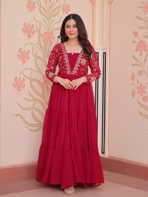 Stylish Neck Work Festive Wear Readymade Gown