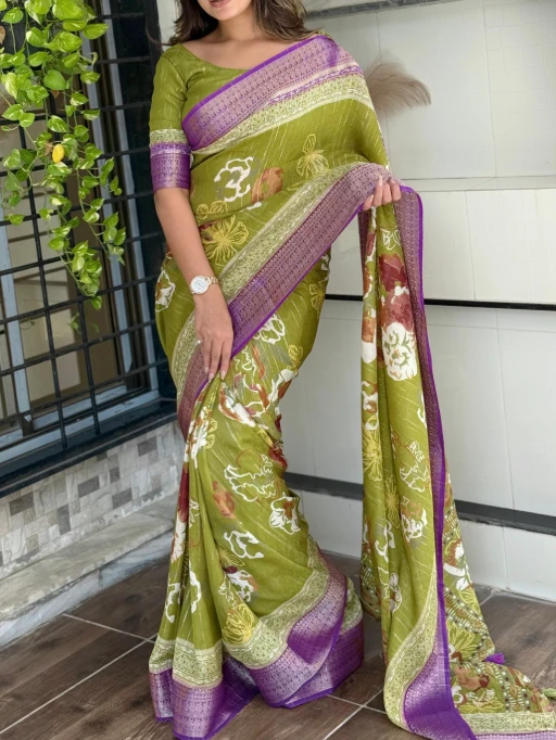 Stylish Printed Jacquard Border Office Saree