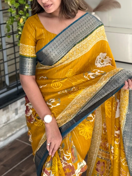 Stylish Printed Jacquard Border Office Saree