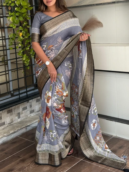 Stylish Printed Jacquard Border Office Saree
