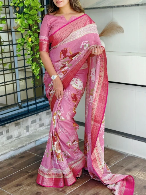 Stylish Printed Jacquard Border Office Saree
