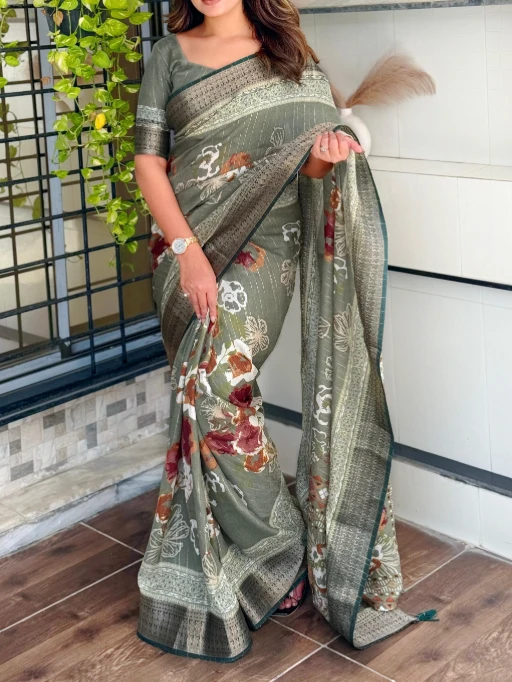Stylish Printed Jacquard Border Office Saree