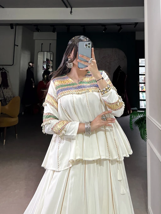 Traditional White Navratri Chaniya with Long Choli