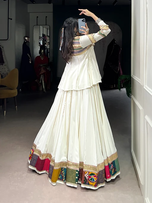 Traditional White Navratri Chaniya with Long Choli