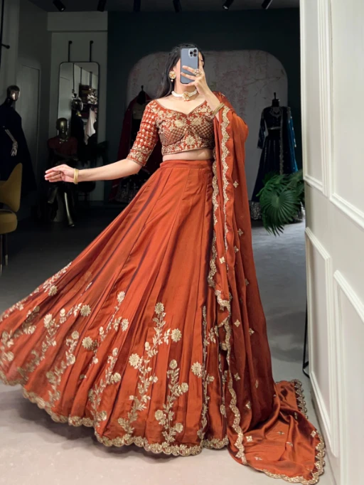 Wedding Wear Orange Lehenga with Flower Embroidery