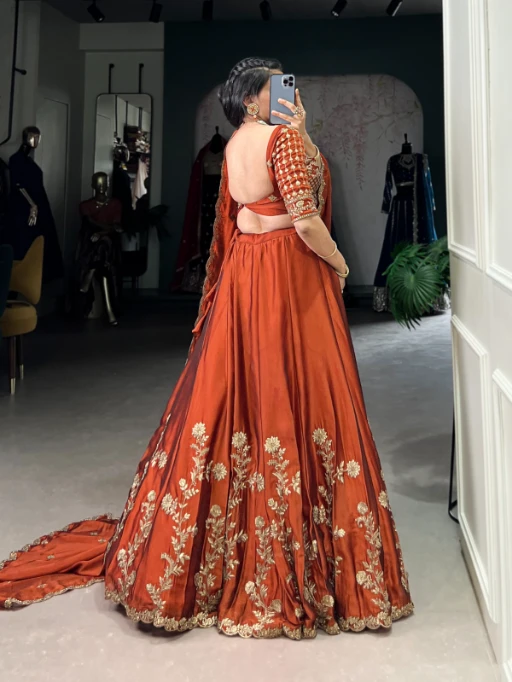 Wedding Wear Orange Lehenga with Flower Embroidery