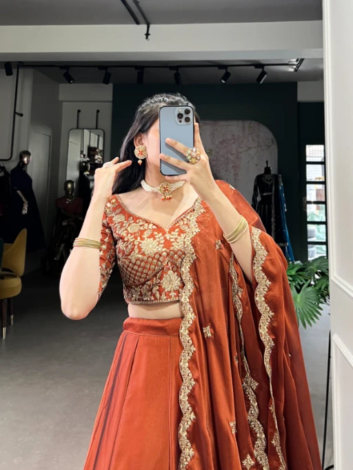 Wedding Wear Orange Lehenga with Flower Embroidery