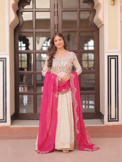 Embroidery Readymade Gown with Bandhej Dupatta