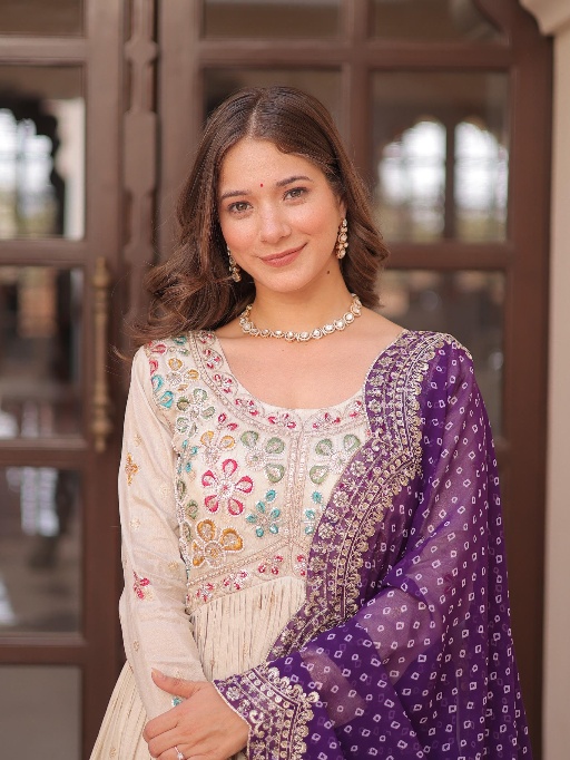 Embroidery Readymade Gown with Bandhej Dupatta
