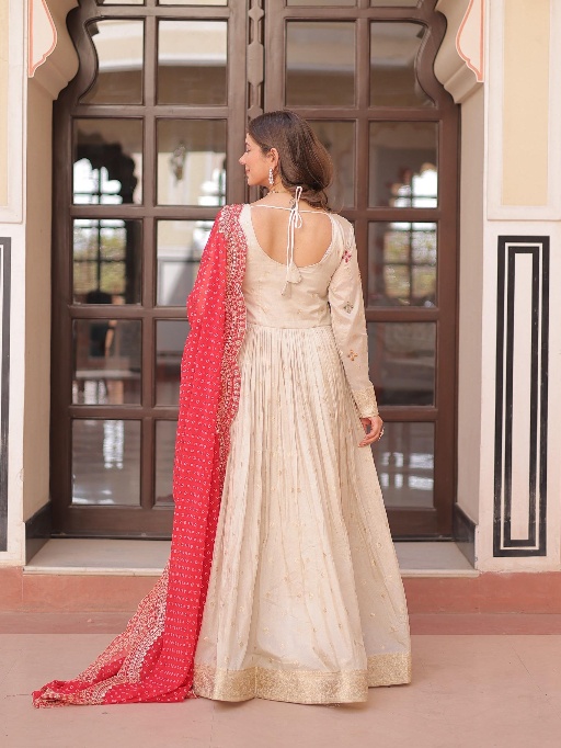 Embroidery Readymade Gown with Bandhej Dupatta
