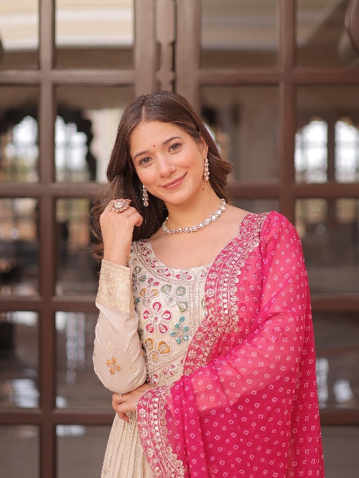 Embroidery Readymade Gown with Bandhej Dupatta