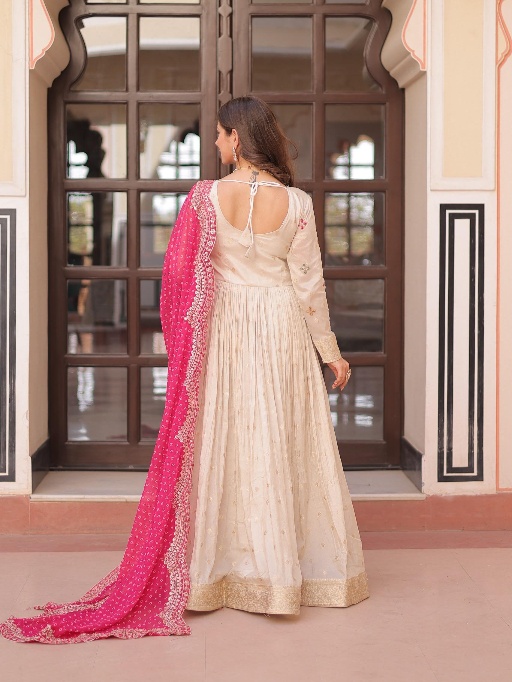 Embroidery Readymade Gown with Bandhej Dupatta