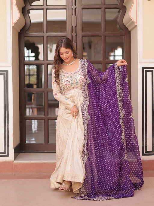Embroidery Readymade Gown with Bandhej Dupatta