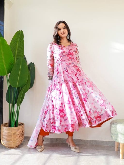Floral Printed Party Gown with Dupatta