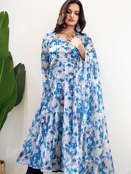 Floral Printed Party Gown with Dupatta