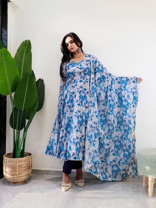 Floral Printed Party Gown with Dupatta