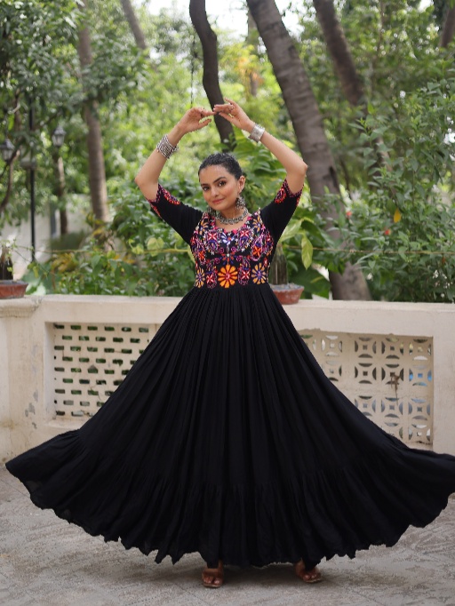 Plain Black Gown with Multi Color Kutchi Work