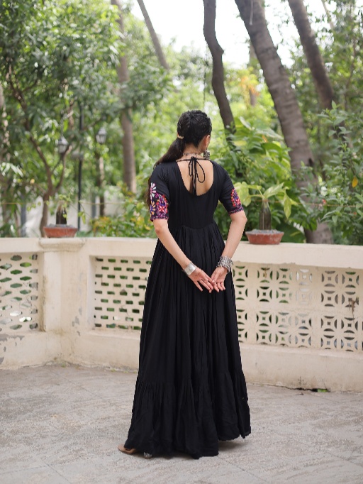 Plain Black Gown with Multi Color Kutchi Work