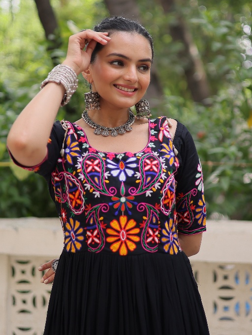 Plain Black Gown with Multi Color Kutchi Work
