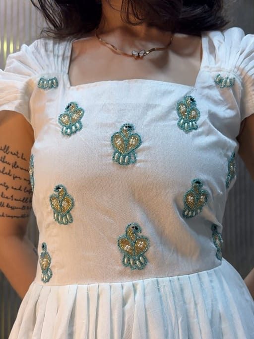 Shop Cotton Gown Dress with Pearl Hand Work
