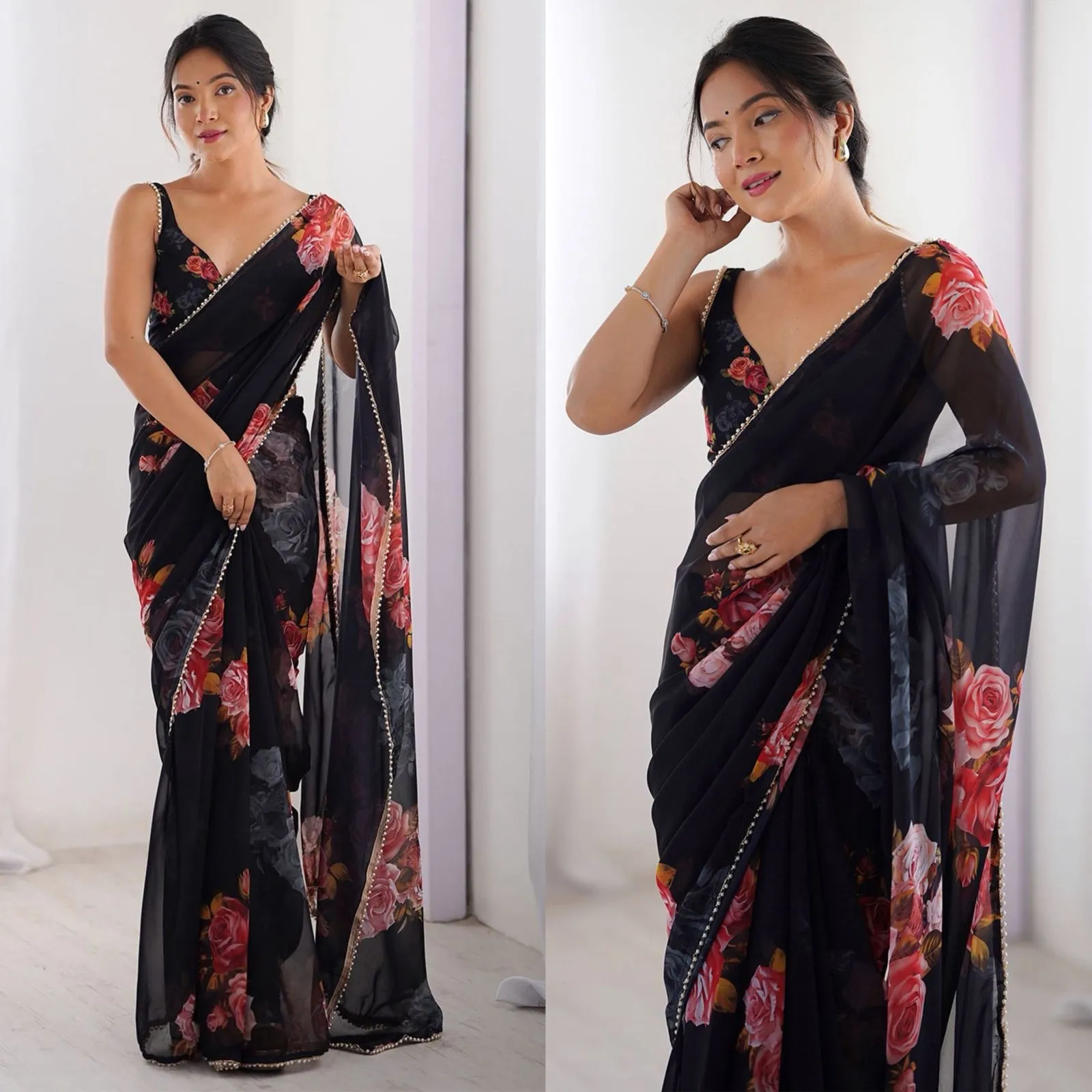 Buy Floral Georgette Saree with Pearl Lace