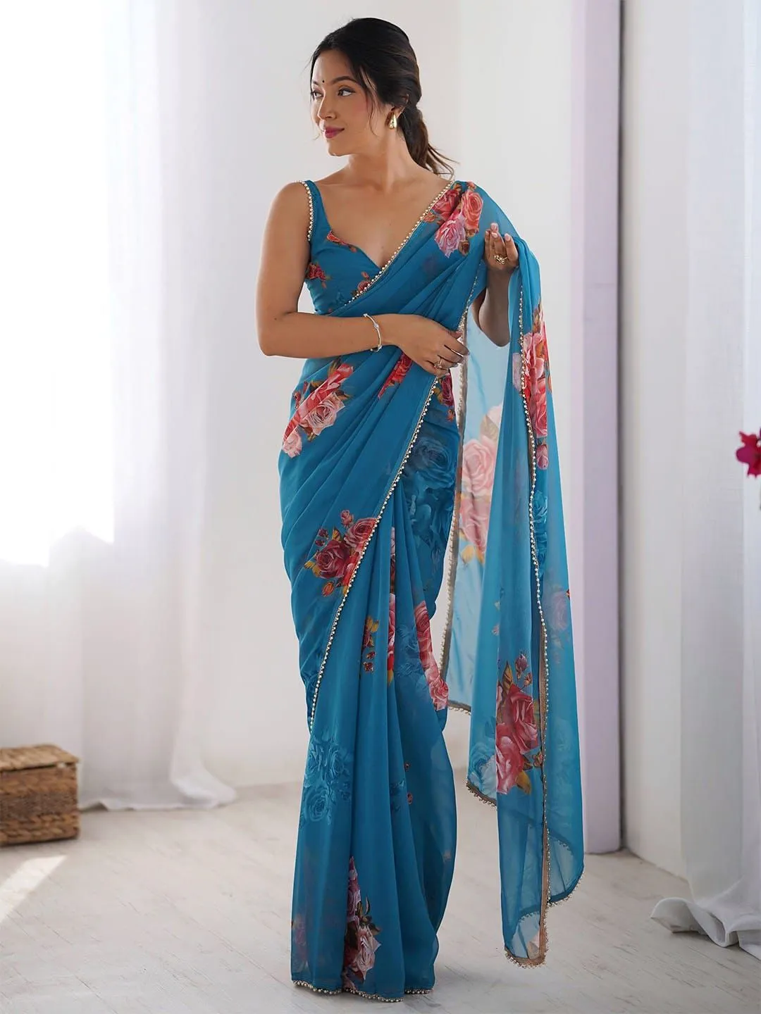 Buy Floral Georgette Saree with Pearl Lace