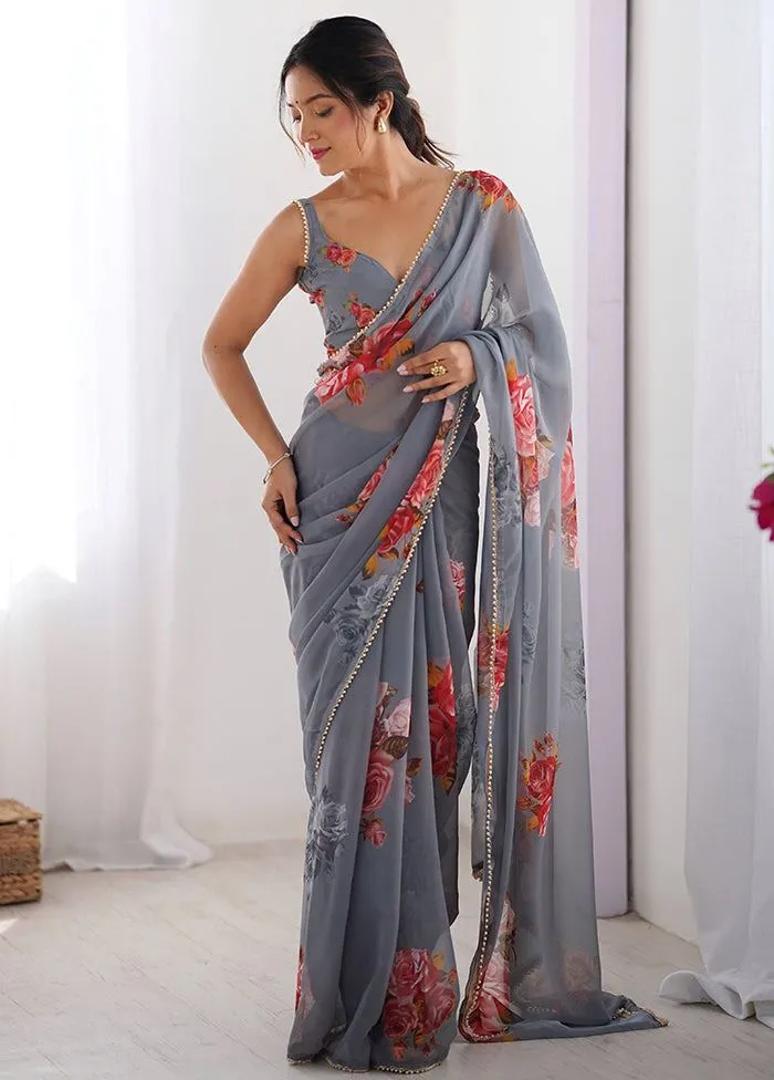 Buy Floral Georgette Saree with Pearl Lace