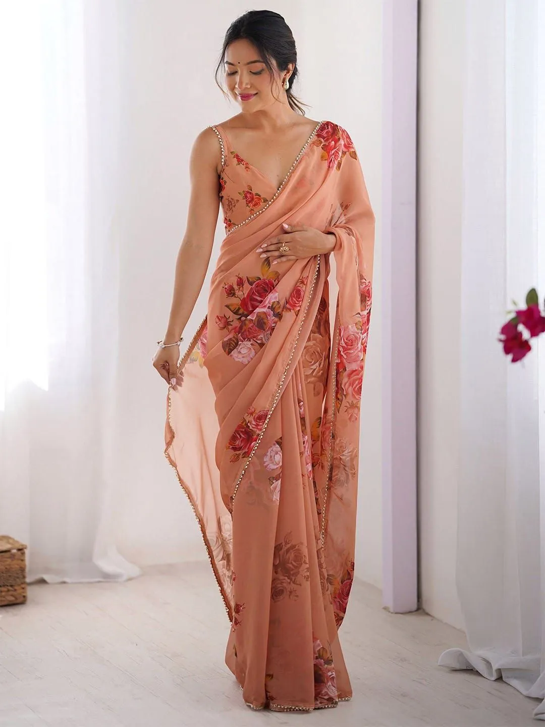 Buy Floral Georgette Saree with Pearl Lace