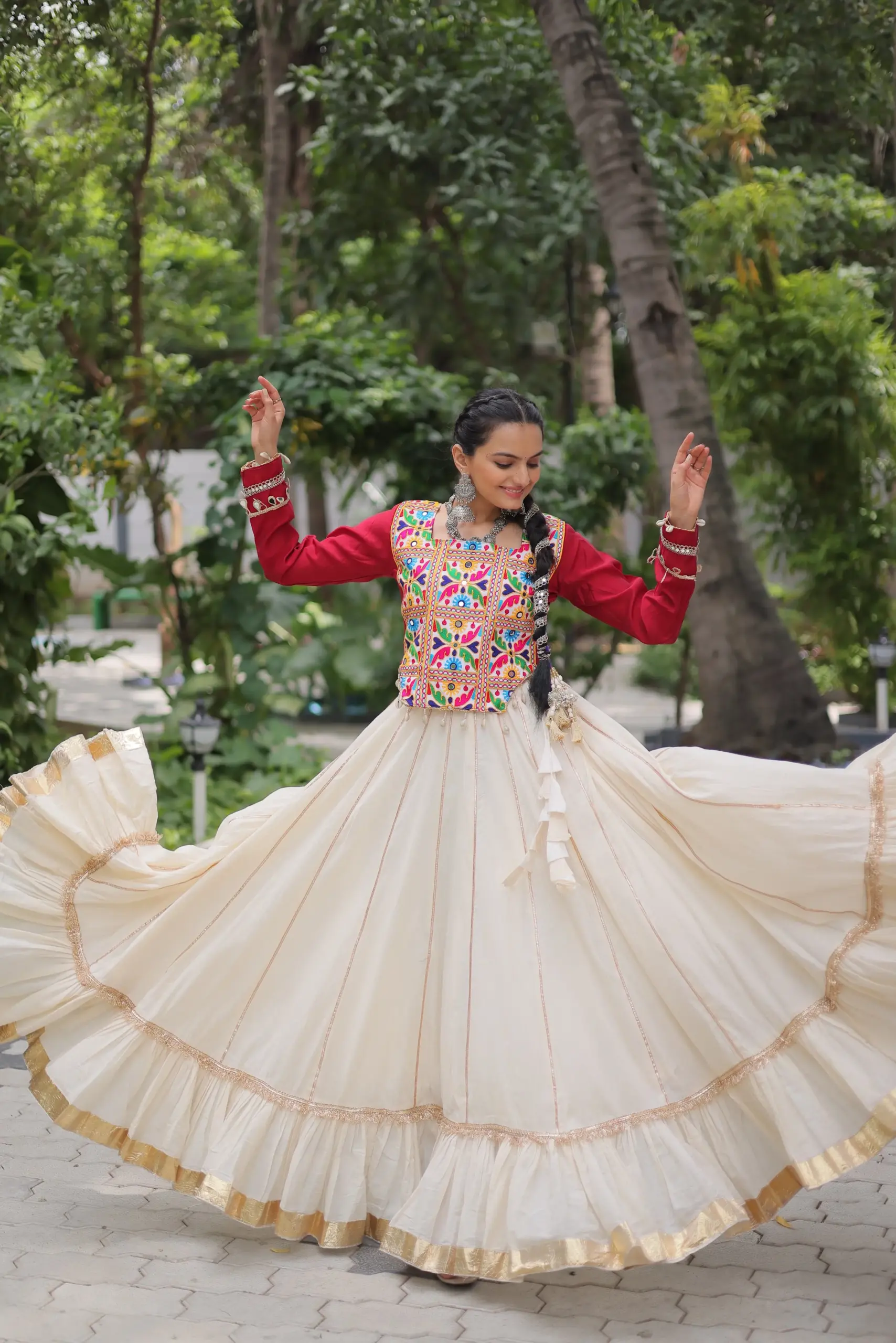 White Chaniya With Traditional kutchi Work Blouse