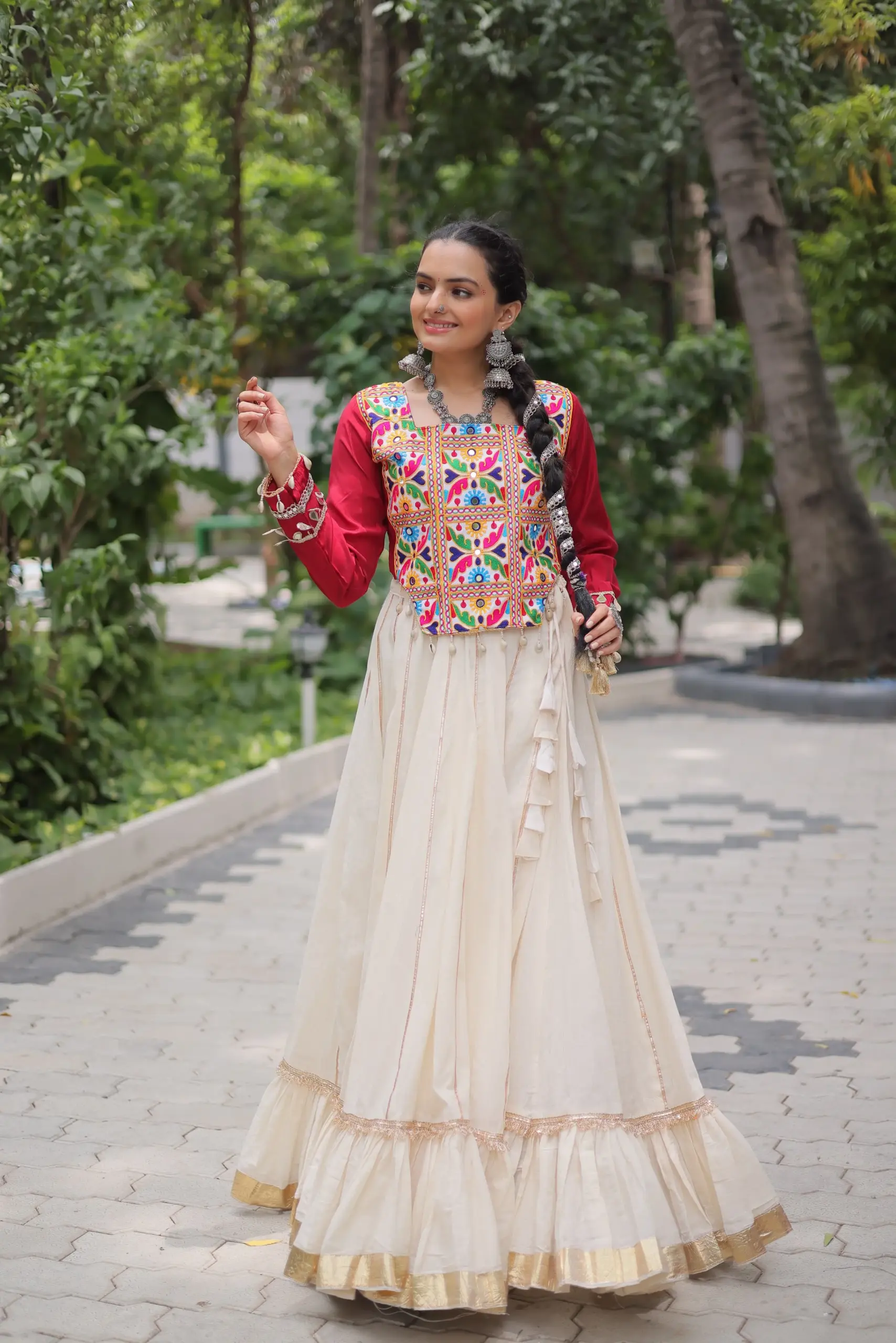 White Chaniya With Traditional kutchi Work Blouse