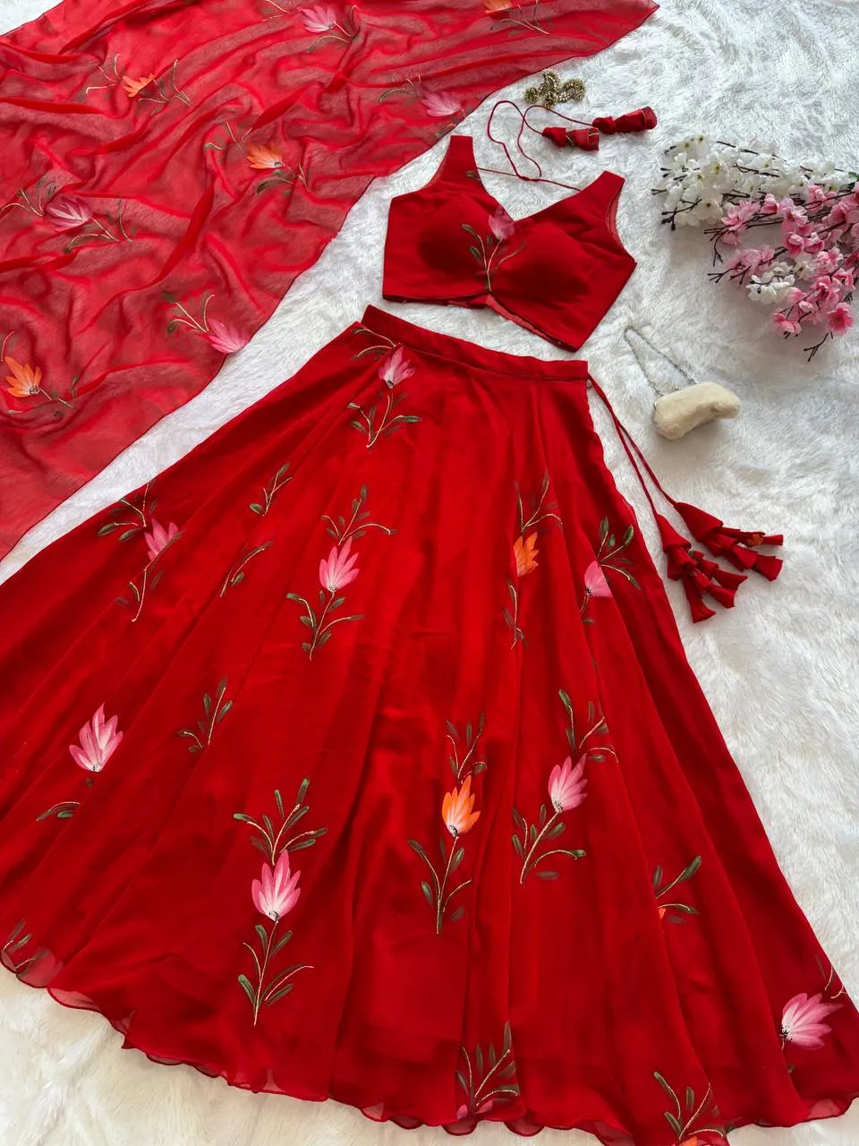 Beautiful Red Floral Big Flair Wedding Lehenga