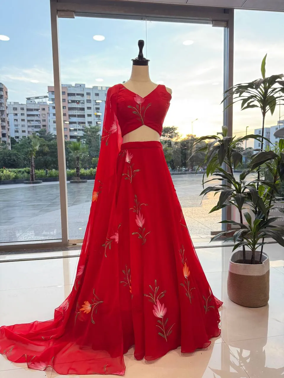 Beautiful Red Floral Big Flair Wedding Lehenga