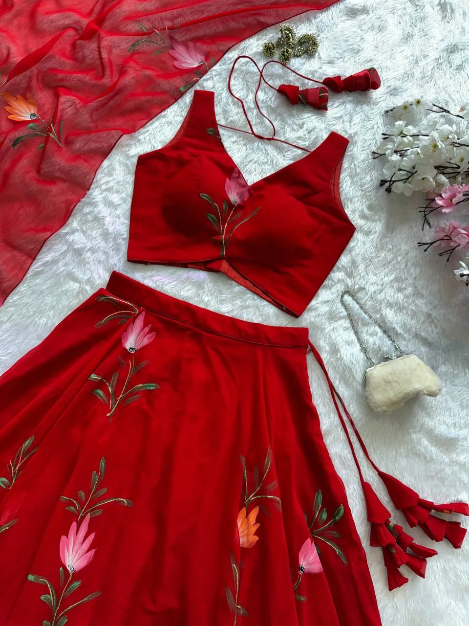 Beautiful Red Floral Big Flair Wedding Lehenga