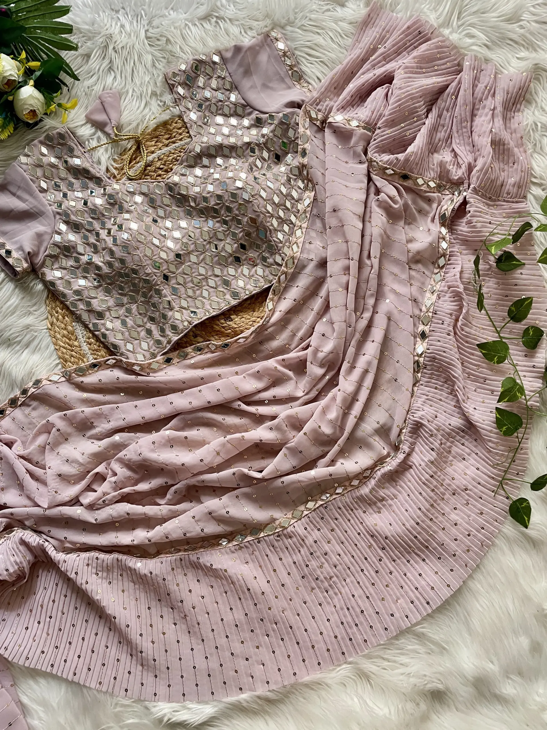 Bollywood Inspired Peach Color Mirror Saree
