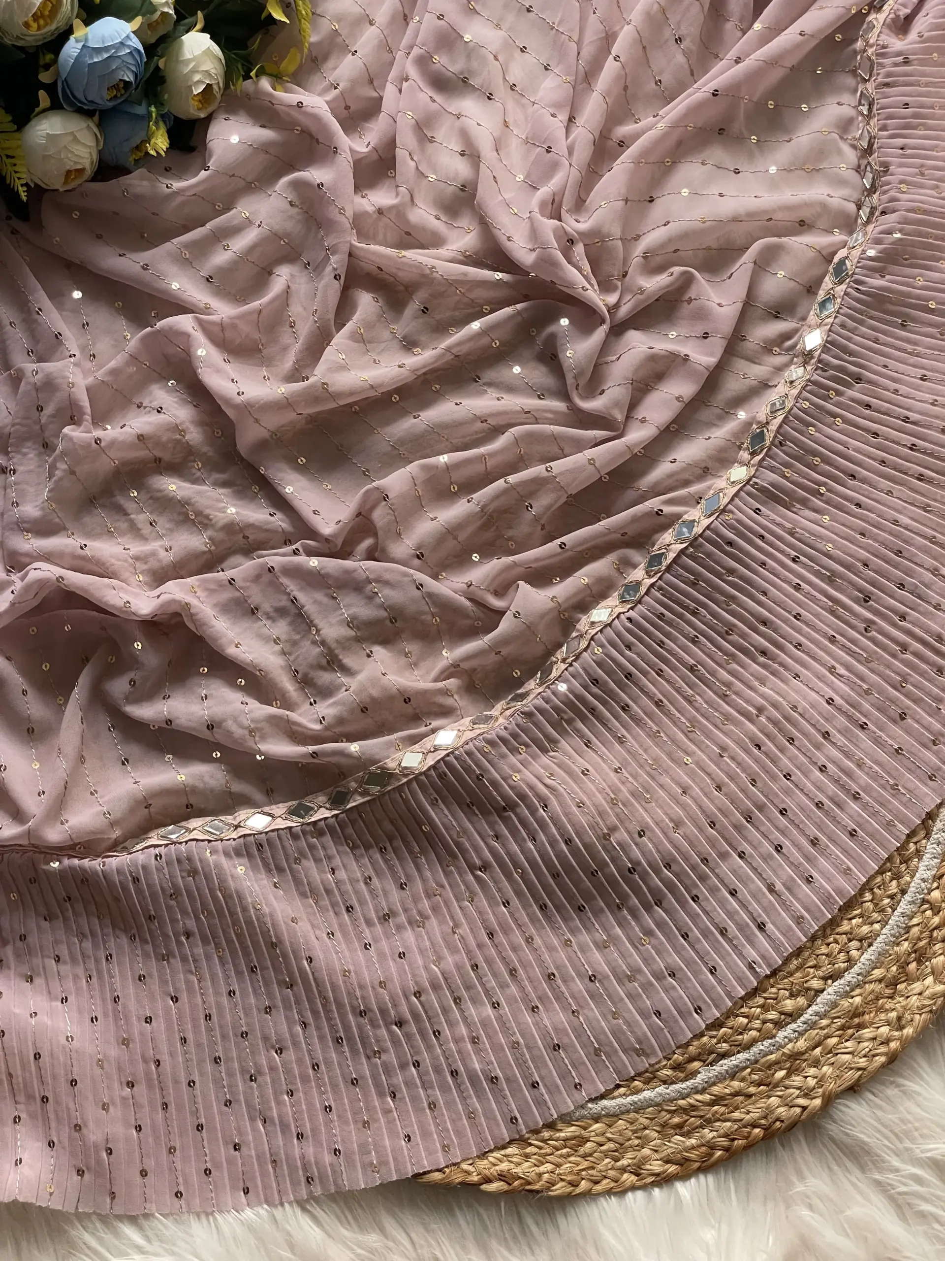 Bollywood Inspired Peach Color Mirror Saree