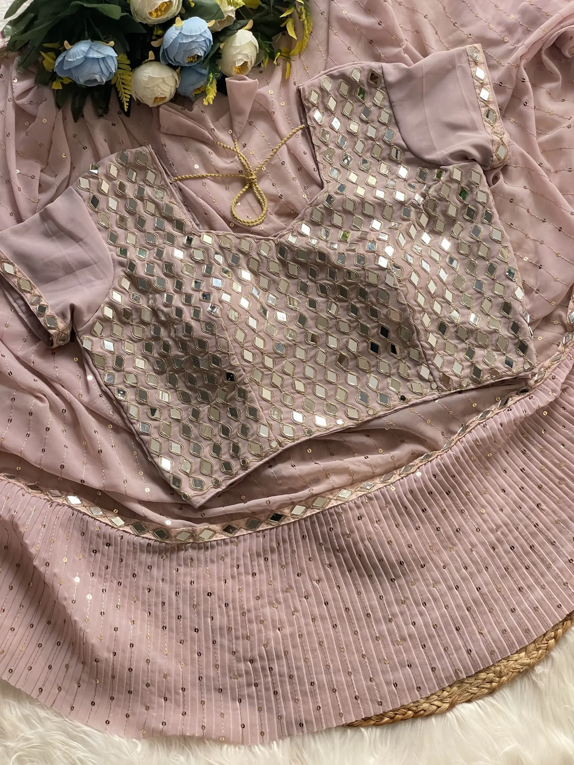 Bollywood Inspired Peach Color Mirror Saree